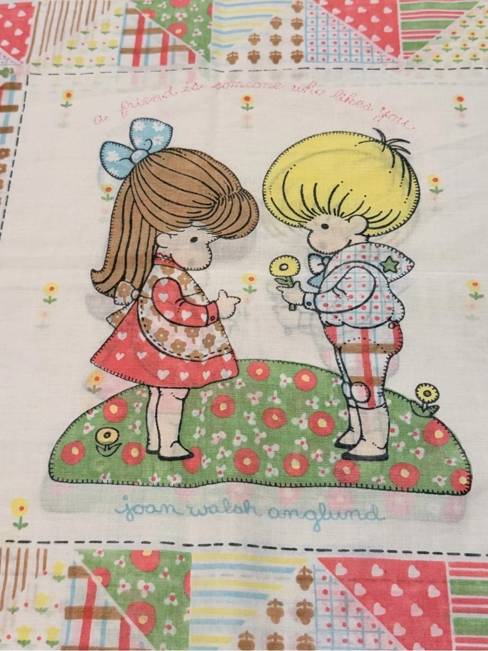Vintage Style Children's Pillowcase with Pastel Patchwork and Illustration